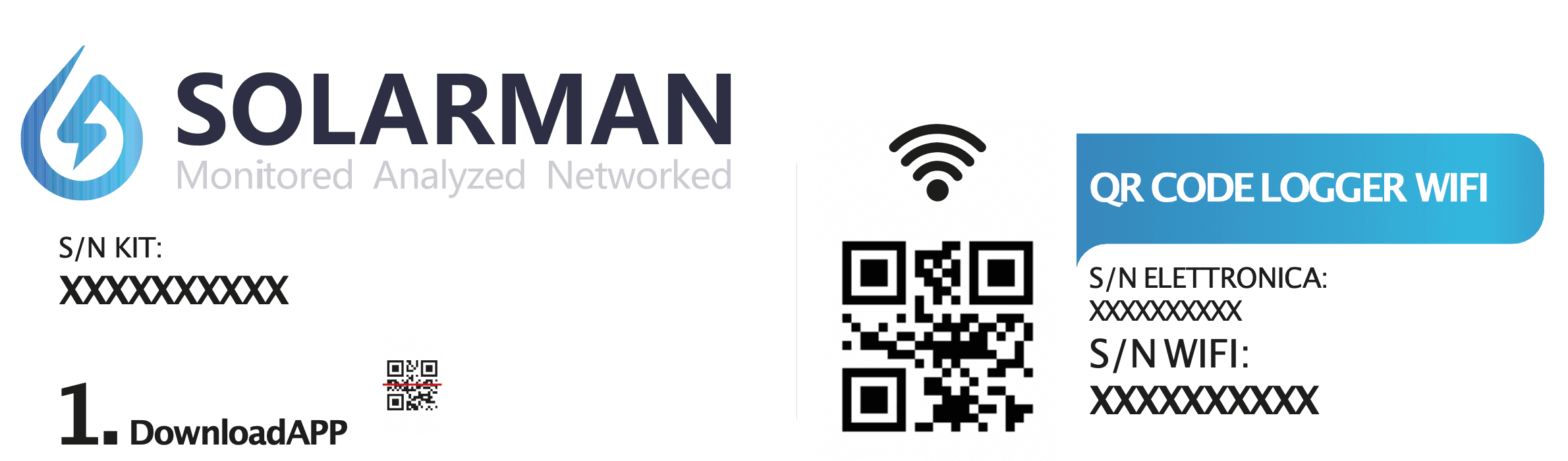 L'etichetta Solarman con i codici S/N KIT, S/N elettronica e S/N WiFi e i relativi QR code