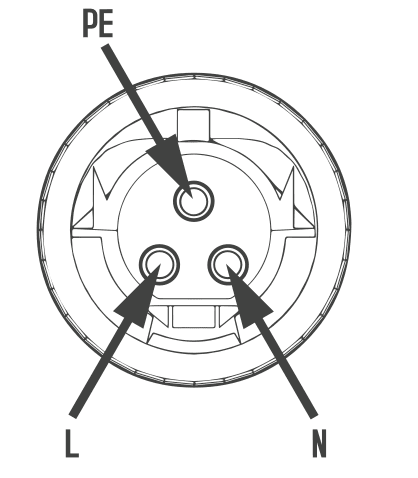 Technical drawing of the connector with its three terminals marked: PE, L and N
