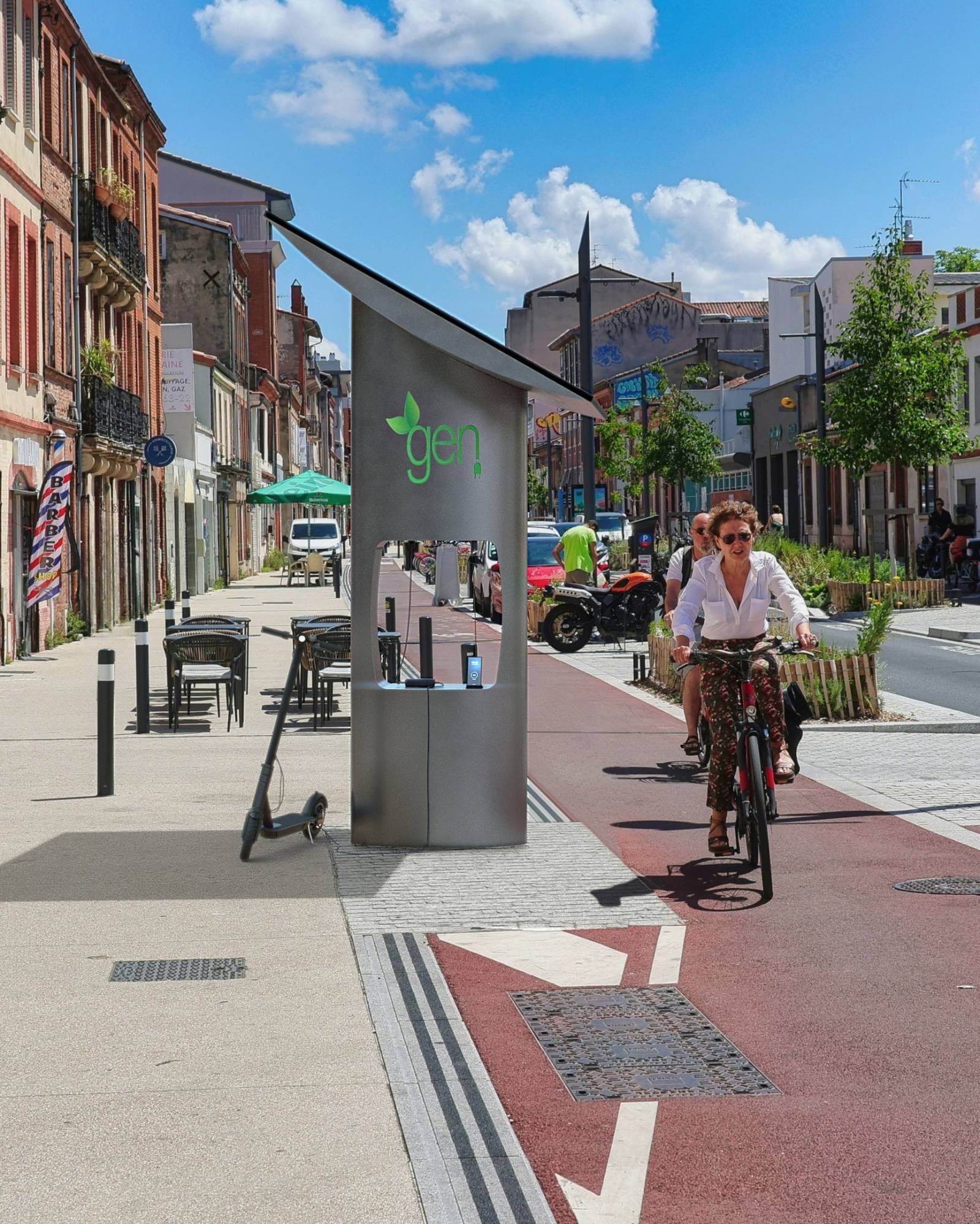 Microgen photovoltaic shelter beside a city cycle lane, with an e-scooter next to it