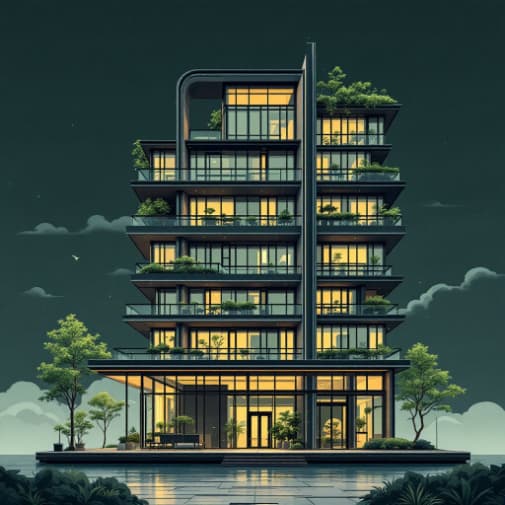 Illustration of a multi-storey high energy efficiency building