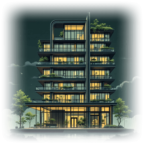 Illustration of a multi-storey high energy efficiency building