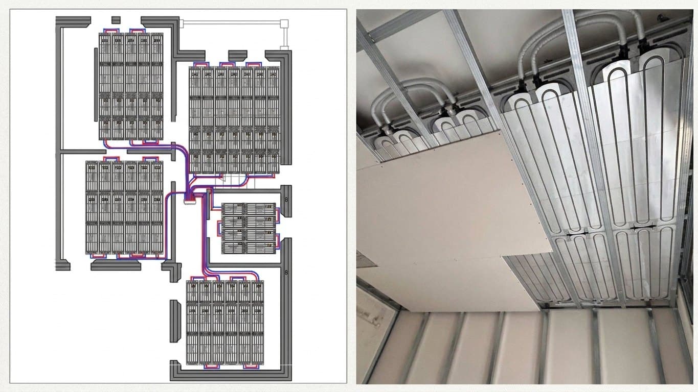 Design drawing of the radiant ceiling panels, next to the suspended ceiling with the panels installed